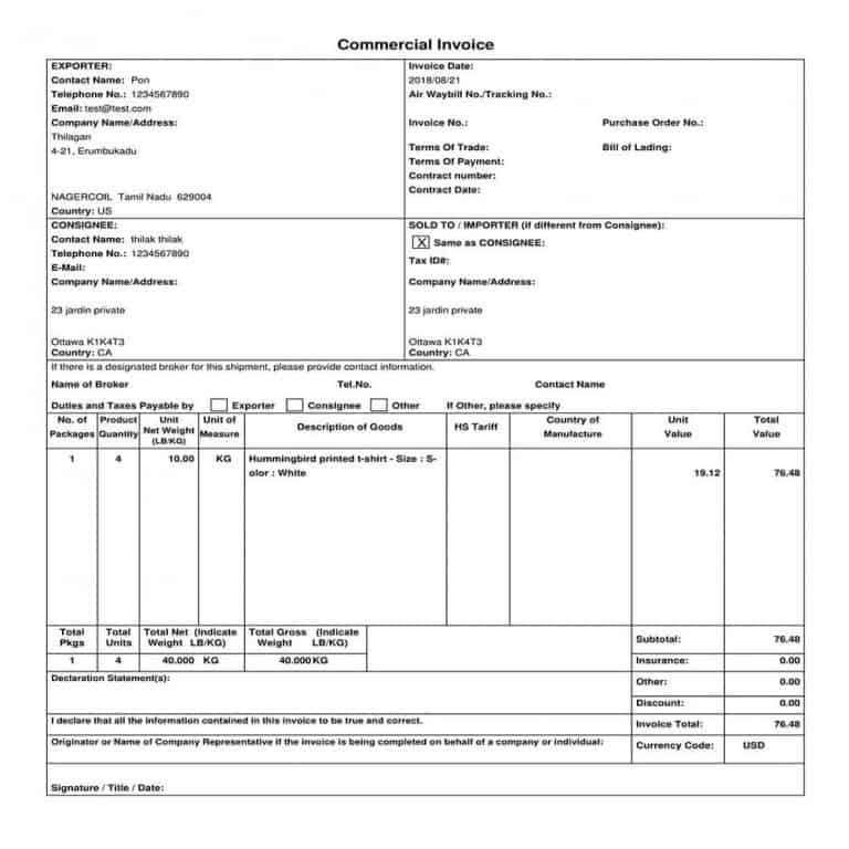 Sample commercial invoice