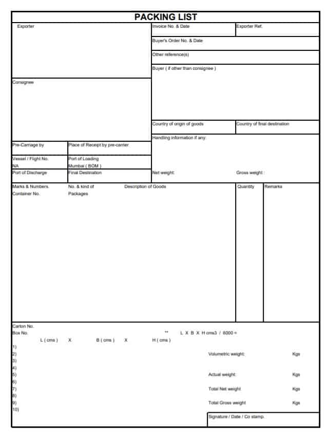 Sample Packaging list