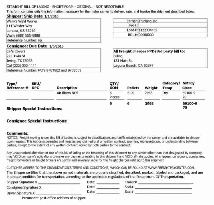 Bill of lading Sample