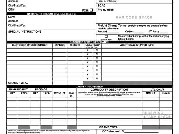 Bill of lading sample