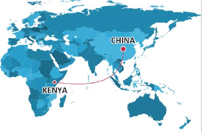 China to Kenya map