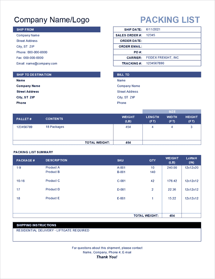 Packaging list sample