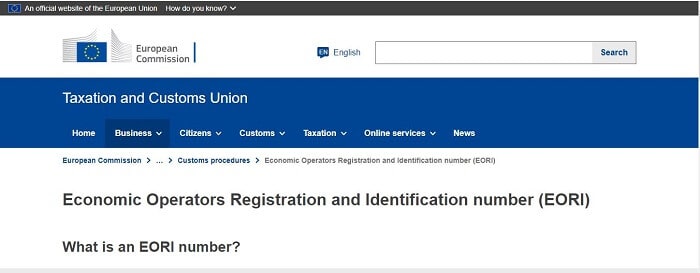 Official website of taking EORI number Official website of taking EORI number