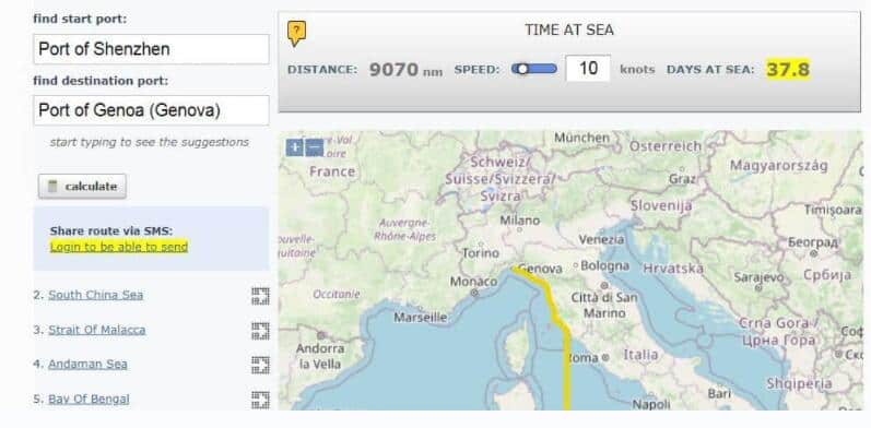 shipping route from China to Italy