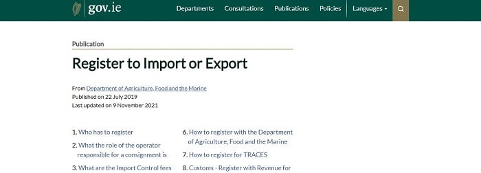 Irish Government site to register as an importer