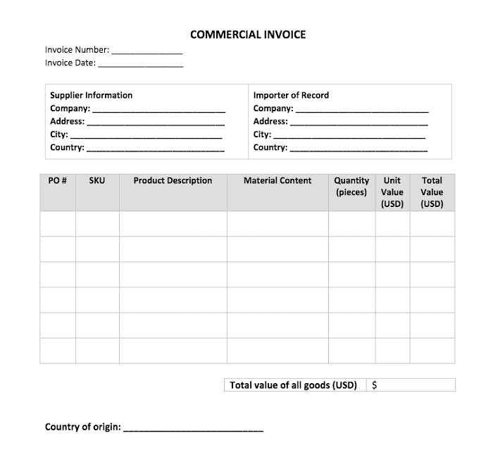 Sample of Commercial invoice