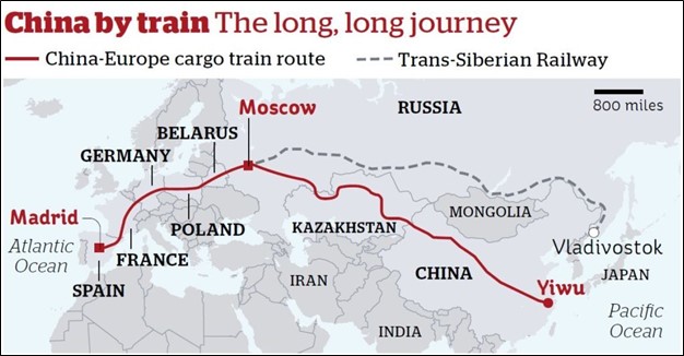 Railway route from China to Spain