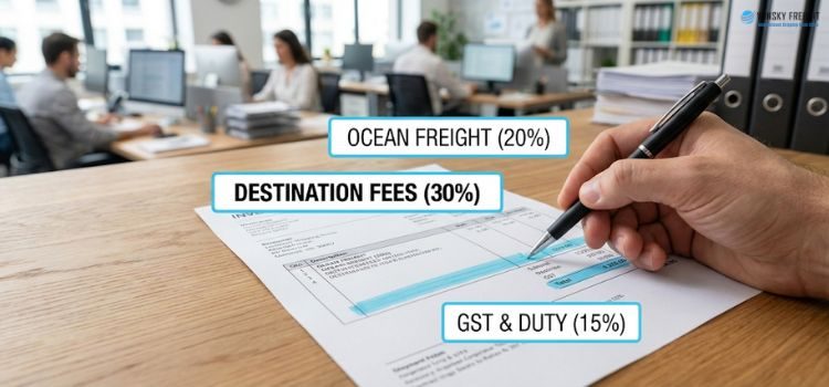 The shipping invoice breakdown with destination fees, GST and other sea freight costs from China to Australia