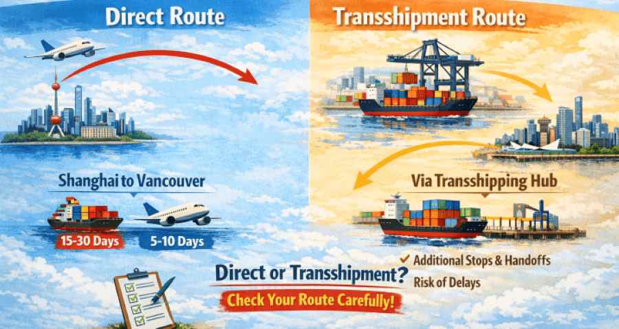 Direct vs. transshipment shipping time from China to Canada