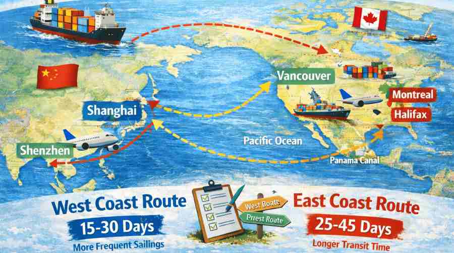 China to Canada West Coast vs. East Coast shipping route China to Canada West Coast vs. East Coast shipping route