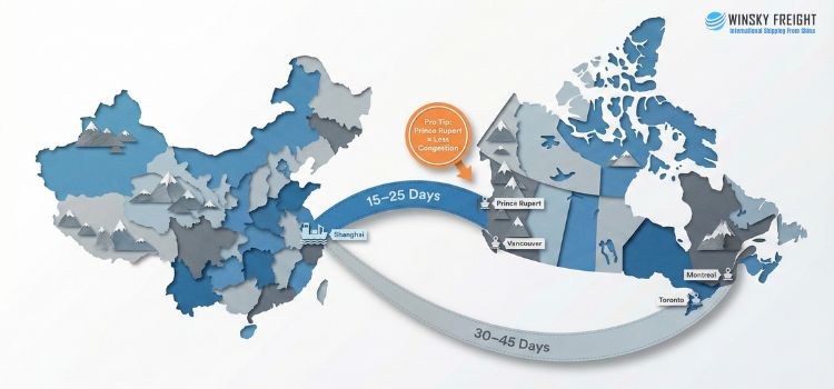 Estimated transit times for China–Canada sea freight mostly depend on the route and destination