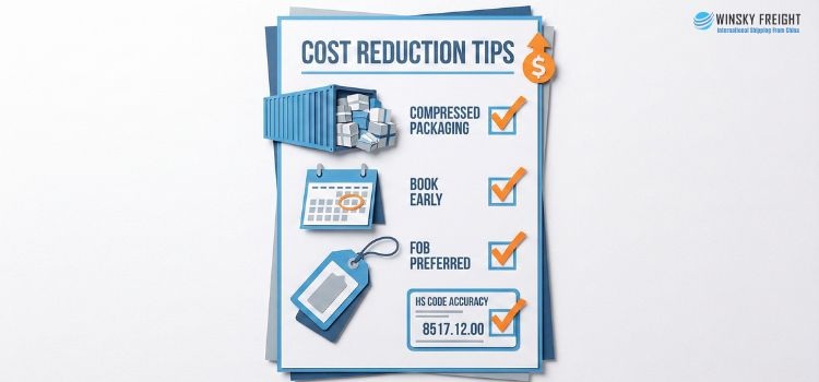 Tips for reducing for Canadian importers, including Incoterms selection, packaging optimization, advance booking, and accurate HS code classification