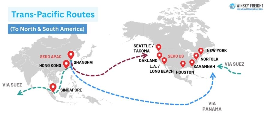 Trans-Pacific routes from China to the USA